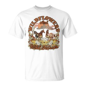 Wildflowers And Wild Horses Nature Beauty Country Outdoors T-Shirt - Monsterry
