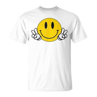 Yellow Smile Face Cute Checkered Peace Smiling Happy Face T-Shirt | Mazezy