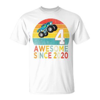 Youth 4Th Birthday Monster Truck Lover 4 Years Old Vintage Retro T-Shirt - Thegiftio UK