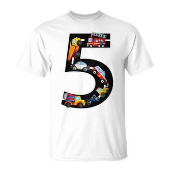 Youth 5Th Birthday Boys Cars Vehicles 5 Years Birthday T-Shirt - Thegiftio UK