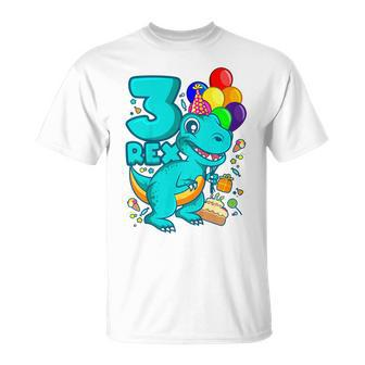 Youth Three Rex Boy Dino Trex 3Rd Birthday T-Shirt - Seseable