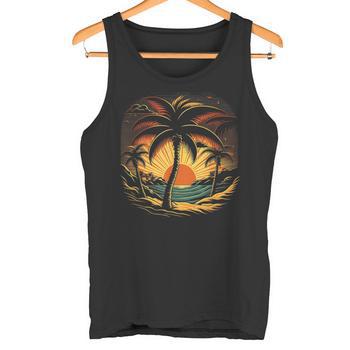 Camiseta Estampada Para Hombre Palma, Playa, Puesta De Sol En