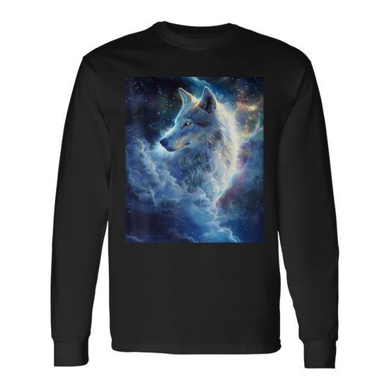 Alpha Galaxy Wolf Dark Fantasy Space Graphic Wolf Lovers Long Sleeve T Shirt Seseable UK