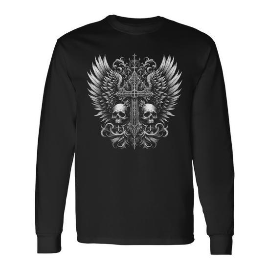 Emo Y2k Grunge Aesthetic Alt Goth Skull Cross Gothic Long Sleeve T 