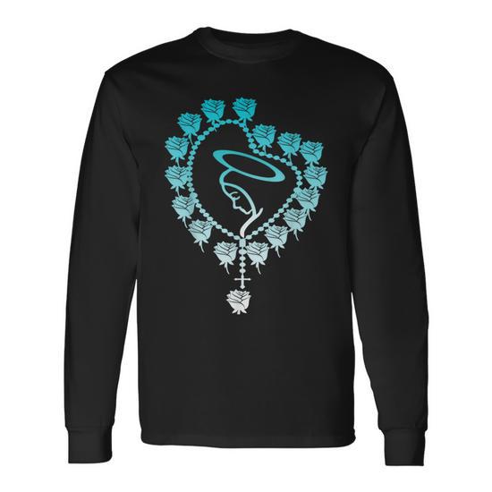 The Holy Rosary Virgin Mary Catholics Heart Roses Long Sleeve T