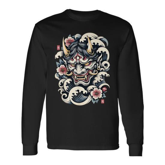 Camiseta De Manga Larga Para Hombre Con Estampado De Cara Sonriente De Demonio - Corte Holgado, Cuello Redondo Y Tejido Elástico