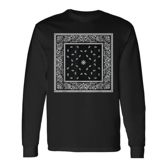 Men's Black White Bandana Print Black Paisley Pattern Long Sleeve T-Shirt -  Monsterry