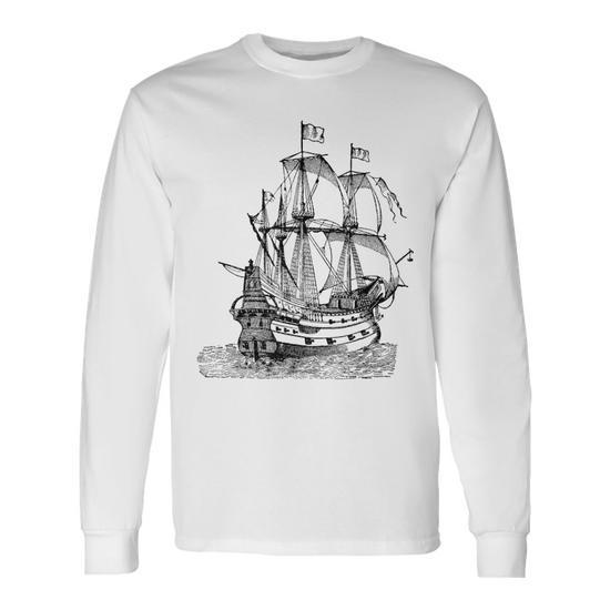Cool Graphic Old Pirate Ship Long Sleeve T-Shirt - Monsterry