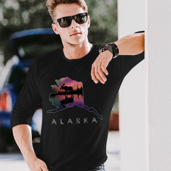 Alaskan Moose Aurora Borealis Alaska State & Landscape Long Sleeve