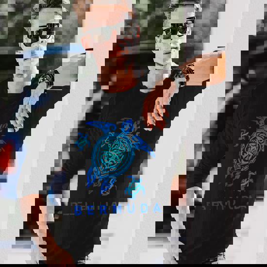 Bermuda T-Shirt Sea Blue Tribal Turtle Bermuda T-Shirt Sea Blue Tribal Turtle