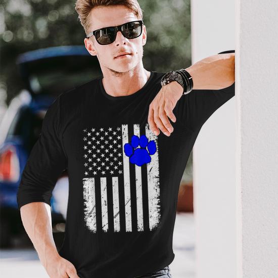 Fun Thin Blue Line Police K9 Dog American Flag Long Sleeve T Shirt Monsterry