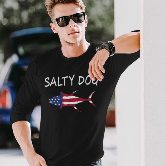 Salty Dog American Flag Tuna Saltwater Ocean Game Fish Long Sleeve T-Shirt  - Monsterry CA