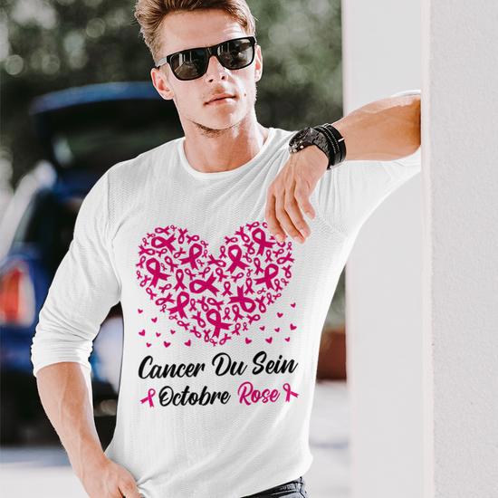 T-shirt Octobre Rose Femme - Cœur Et Ruban Rose, En Coton, Pour Soutien Cancer Du Sein
