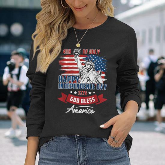 Women's American Flag T-Shirt - 4th Of July Patriotic Tee, Short Sleeve Crewneck, Black, Medium - View #12