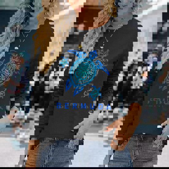 Bermuda T-Shirt Sea Blue Tribal Turtle Bermuda T-Shirt Sea Blue Tribal Turtle
