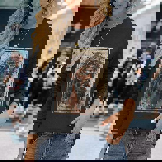 Black Jesus Face Of Jesus Cross With Crown Of Thorns Long Sleeve T