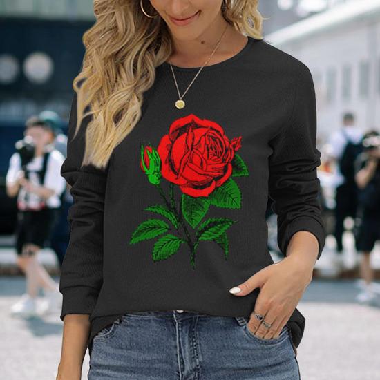 Ivay Women's Heart Print Long Sleeve Top - Red Rose Design, Polyester Spandex Blend, Size Large - View #11