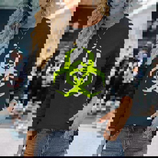 Toxic Lime Green Biohazard Symbol Long Sleeve T-Shirt - Monsterry