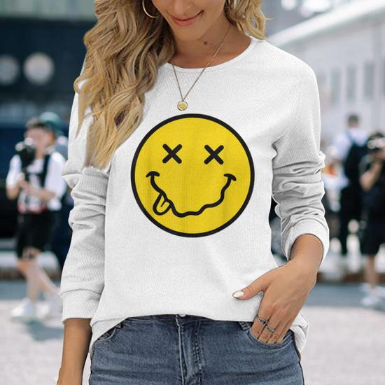 70S Yellow Smile Face Cute Happy X Eyes Smiling Face Long Sleeve T Shirt Mazezy