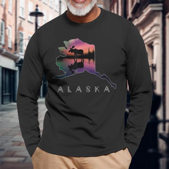 Alaskan Moose Aurora Borealis Alaska State & Landscape Long Sleeve