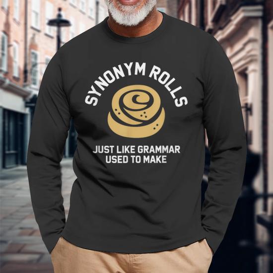 thumbnail interactive-video image 1 of Crazy Dog Men's Synonym Rolls T-Shirt – Funny Cinnamon Roll Pun Tee – Heather Red 1 of 3