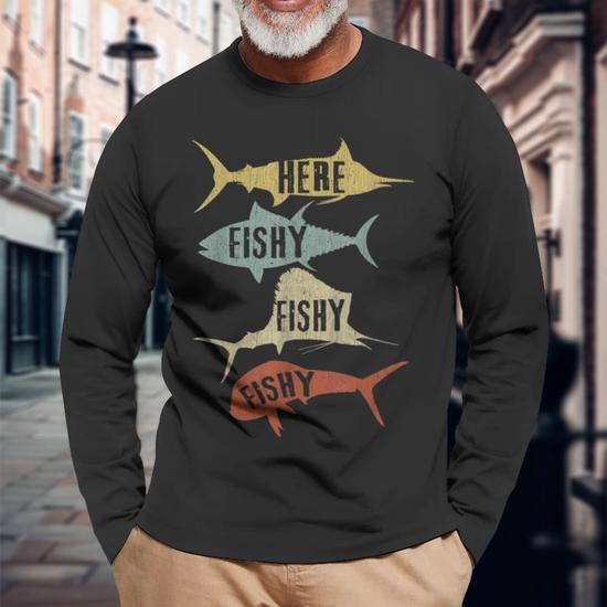 Vintage Saltwater Fishing Here Fishy-Fishy Long Sleeve T-Shirt - Monsterry