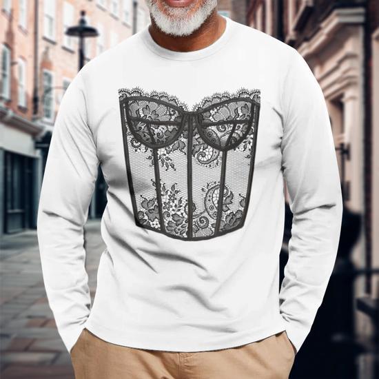 Lingerie Graphic Corset Bustier Bra Trendy Cute Sexy Fun Long Sleeve T-Shirt 