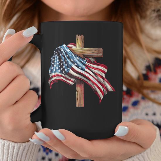 American Flag Christian Cross Jesus 4Th Of July Patriotic Coffee Mug -  Seseable