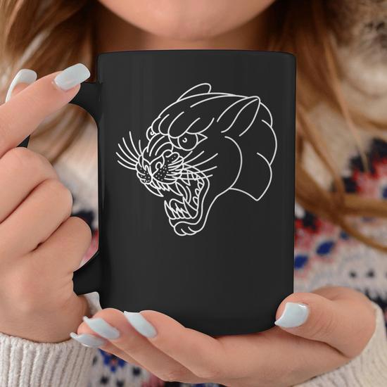 American Traditional Panther Head Outline Tattoo Coffee Mug - Monsterry