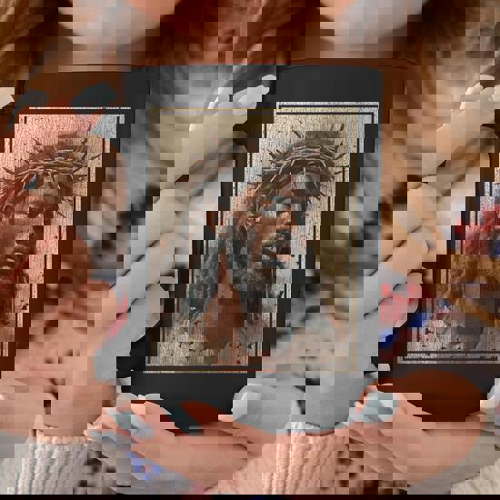 Black Jesus Face Of Jesus Cross With Crown Of Thorns Coffee Mug