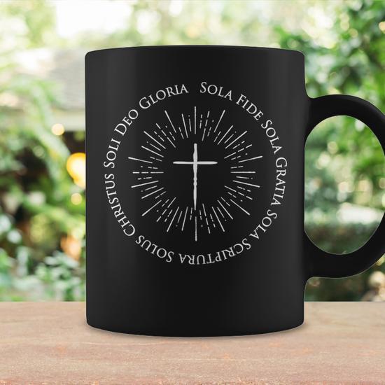 Reformation Anniversary With 5 Five Solas Cross Coffee Mug - Monsterry
