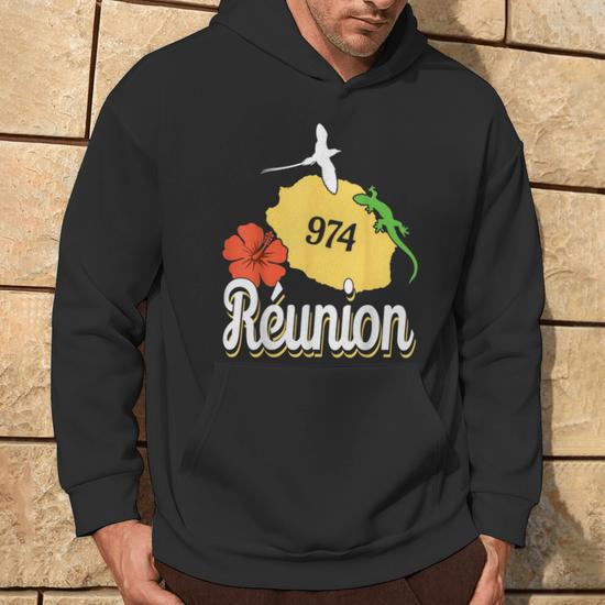 Sweat à Capuche Ile De La Réunion 974 Zamal C25 B - Cadeau Pour Réunionnais, Motif Océan Indien