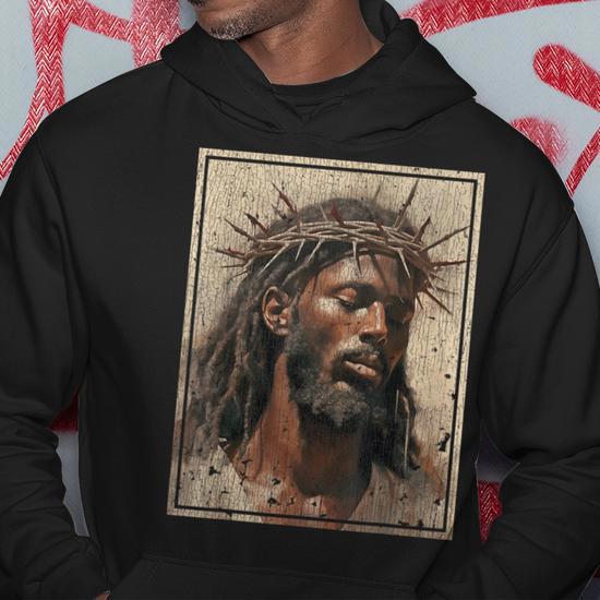 Black Jesus Face Of Jesus Cross With Crown Of Thorns Hoodie Monsterry