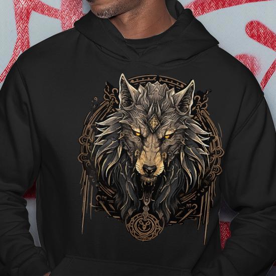 Sweat à Capuche Viking Avec Tête De Loup Et Nœuds Celtiques - Design Bicolore Noir Et Blanc Pour Homme