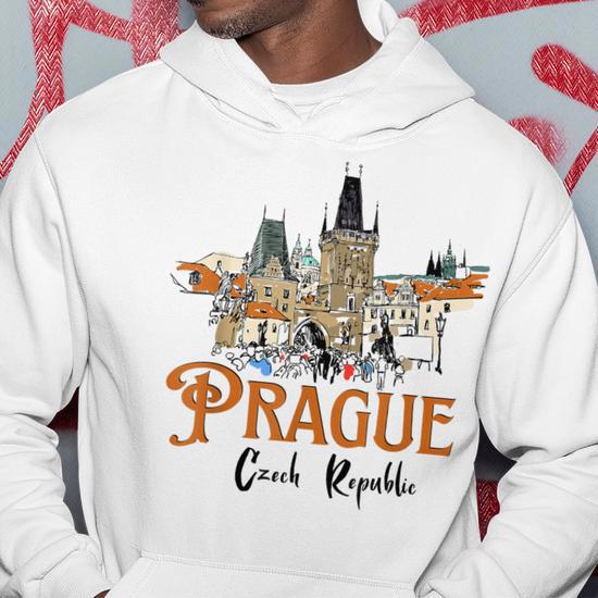 Sweat à Capuche Prague – Coupe Classique, Col Tissé – Message Graphique Vieilli – 241 G – Cadeau République Tchèque