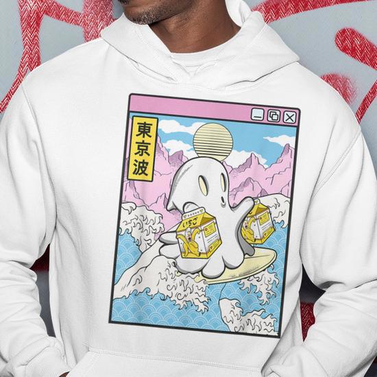 Surfing Ghost Banana Milk Japanese Waves Kawaii Vaporwave Hoodie Monsterry