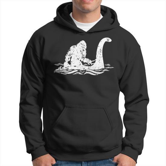 Bigfoot Riding On Nessie Lochness Monster Nessie Yeti Hunter Hoodie Monsterry