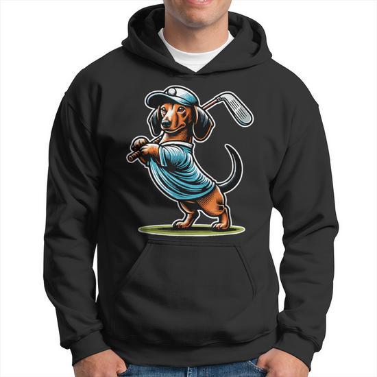 Standing Dachshund Wiener Dog Swinging Golf Club Hoodie - Seseable