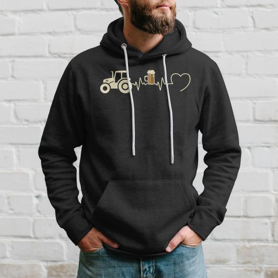 Sweat à Capuche Humour Agriculteur - Motif "Battement Cœur Tracteur Bière" - Cadeau Drôle Pour Homme - Taille Unique - 2