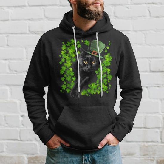 St Patrick Day Black Cat 3 Leaf Clover Kitten Lover Irish Hoodie Seseable UK