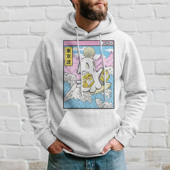 Surfing Ghost Banana Milk Japanese Waves Kawaii Vaporwave Hoodie Monsterry