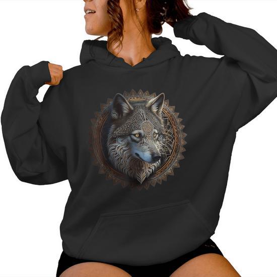 Lobo Mandala Amantes Animales Arte Animal Lobo Sudadera con capucha para mujer Regaloses