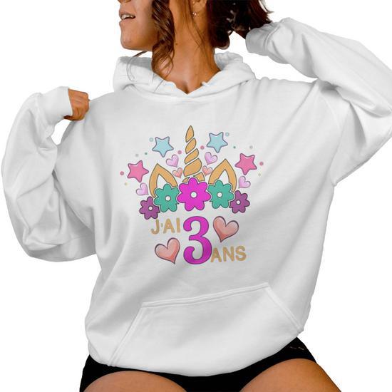 Enfant 3 Ans Anniversaire Fille Licorne J ai 3 Ans Sweat a capuche femme Cadeauxyz