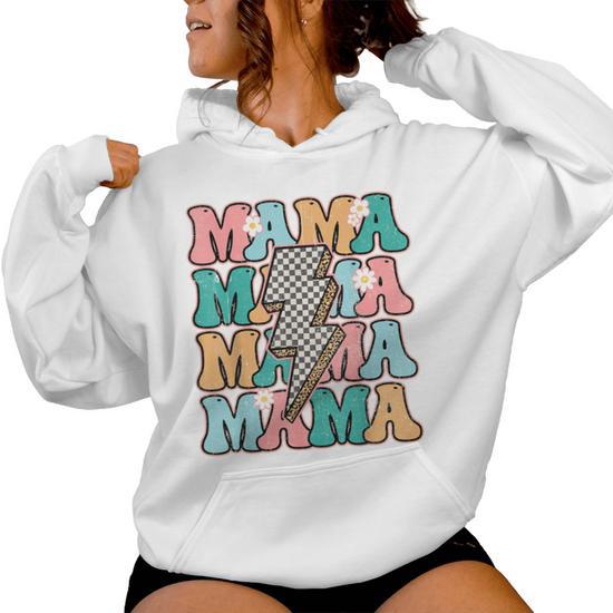 Groovy Mama Checkered Leopard Bolt Lightning Flower Mom Life Women Hoodie Seseable UK