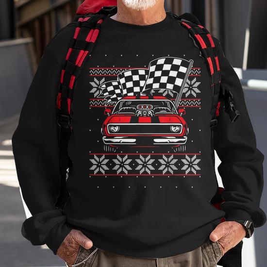 Classic Muscle Car Guys Matching Ugly Christmas Car Racing Sweatshirt Monsterry