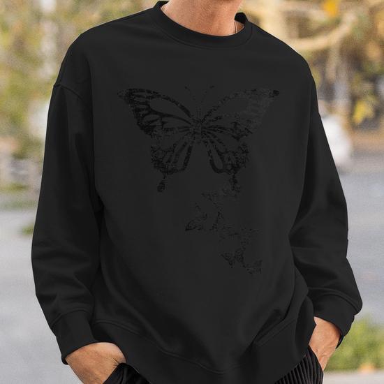 Butterfly Graphic Black Print Distressed Sweatshirt Seseable UK