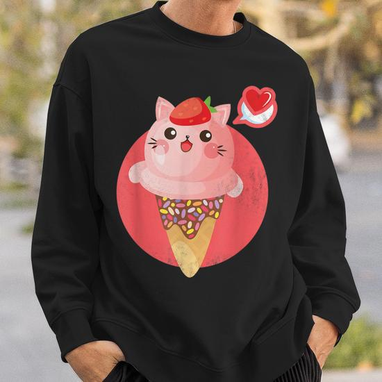 Kawaii Cute Cat Ice Cream Sprinkle Cone Strawberry Top Heart Sweatshirt -  Monsterry