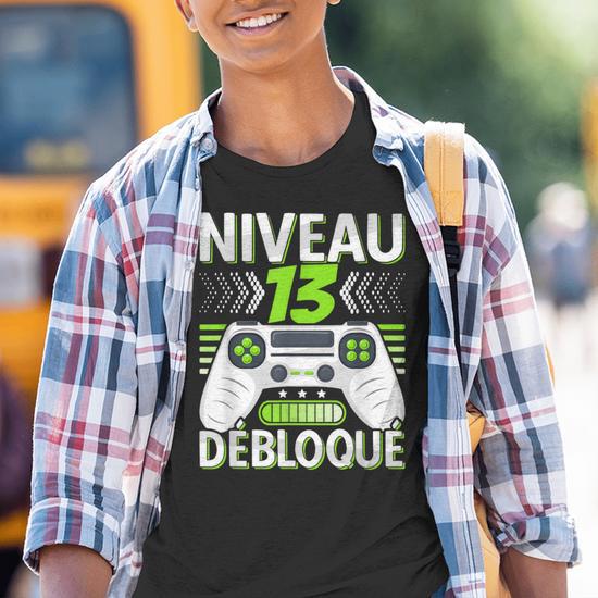 T-Shirt "Niveau 13 Débloqué" - Coton - Cadeau Anniversaire 13 Ans Garçon Gamer - Humour Gaming