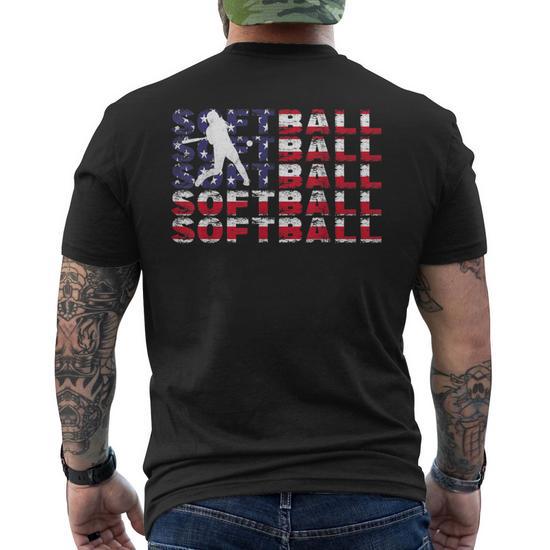 4Th Of July Softball American Flag Vintage Patriotic Men s T shirt Back Print Seseable UK