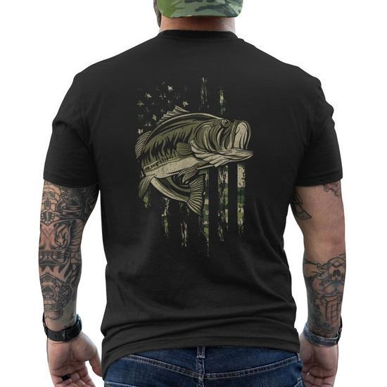 American Flag Fishing Rod Grunge Camouflage Largemouth Bass Men's T-shirt  Back Print - Monsterry